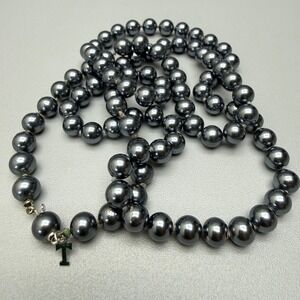 Vintage Trifari Black Faux Pearl Beaded Necklace 29" Opera Long Heavy